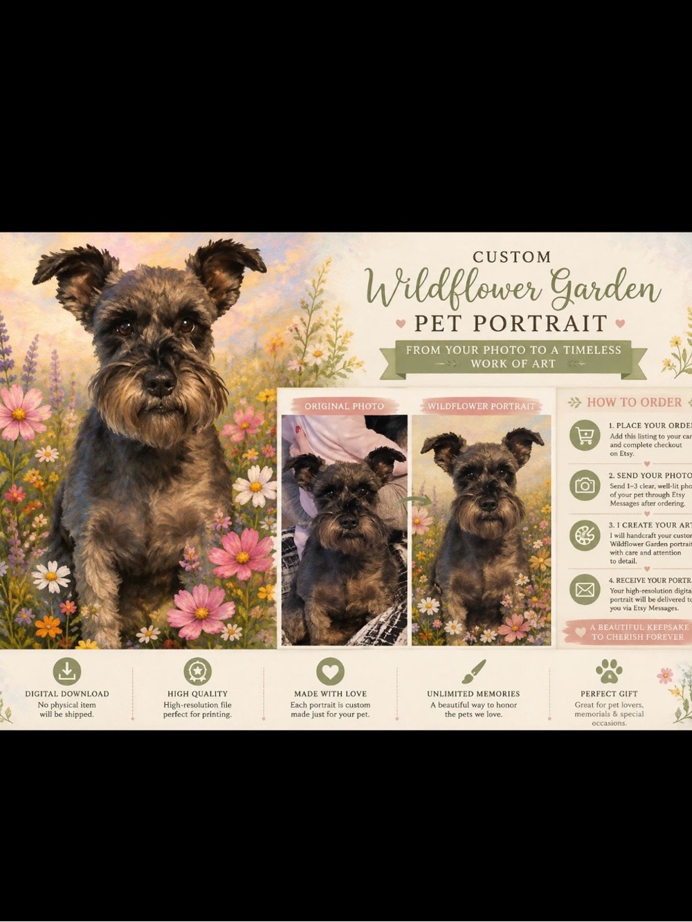 Custom Wildflower Pet Portrait Digital print Dog Artwork